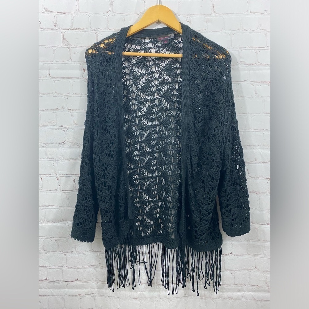 JW Style Cardigan Womens Size Medium Black Crocheted Knit Open Front Coverup